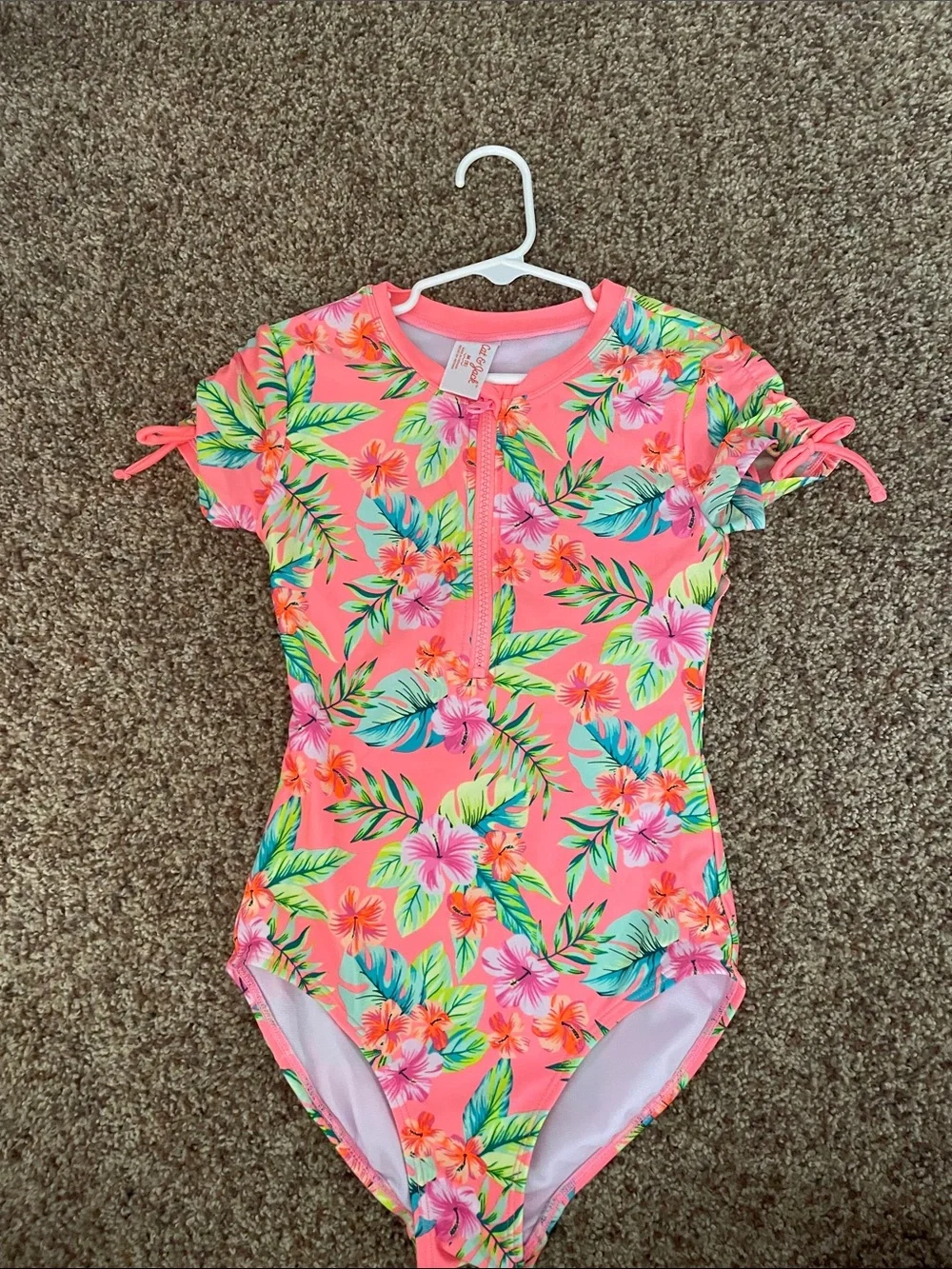 Cat & Jack Girls Tropical Floral One-Piece Swimsuit - Coral Pink size 8
